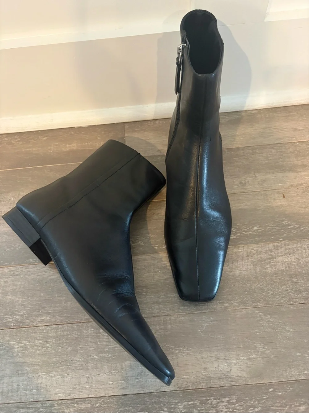 Mango Black Leather Square Toe Ankle Boots Side Zip EU 38 US 7.5/8